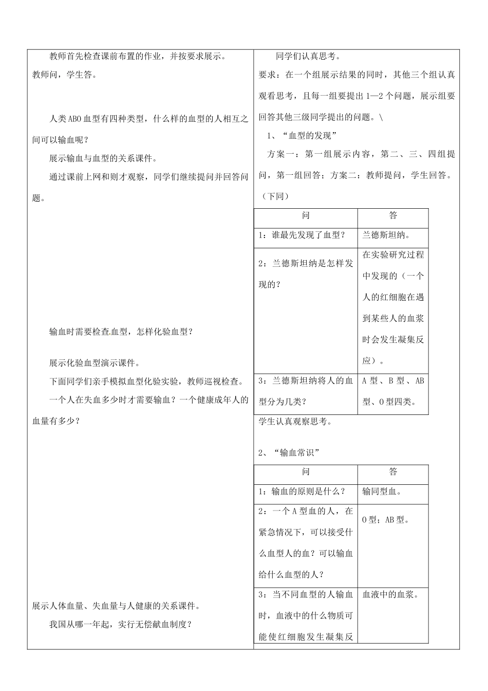 山东省郯城三中七年级生物《输血和血型》教案 人教新课标版_第2页