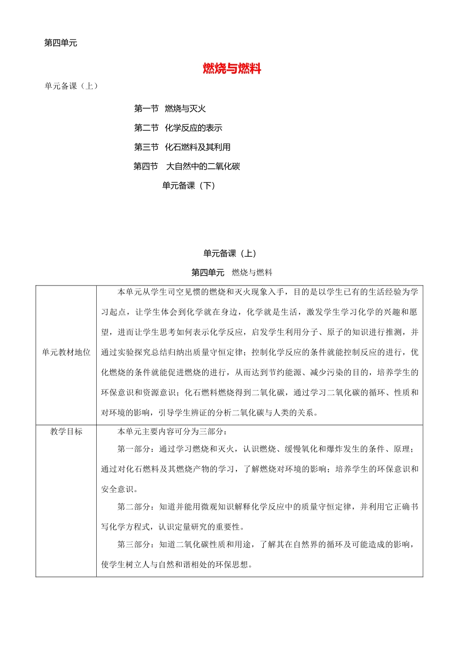 九年级化学 第4单元 燃烧与燃料精品教案 鲁教版_第1页