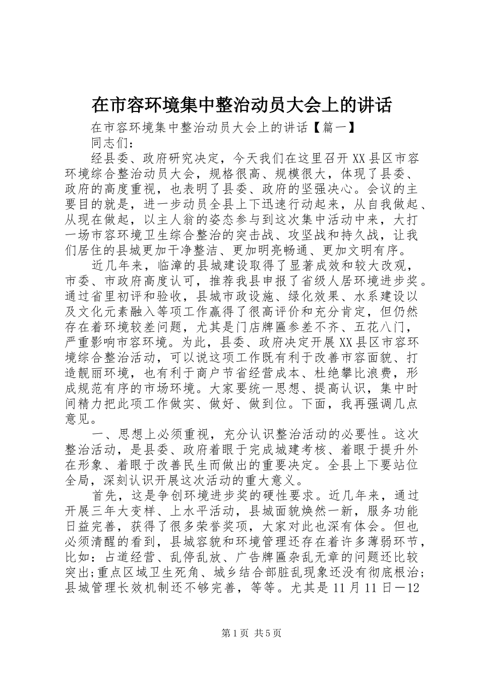 在市容环境集中整治动员大会上的讲话发言_第1页