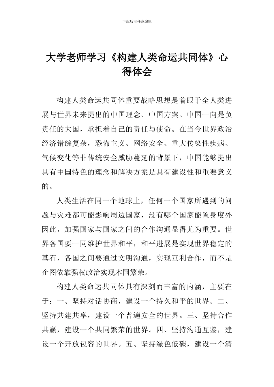 大学老师学习《构建人类命运共同体》心得体会_第1页