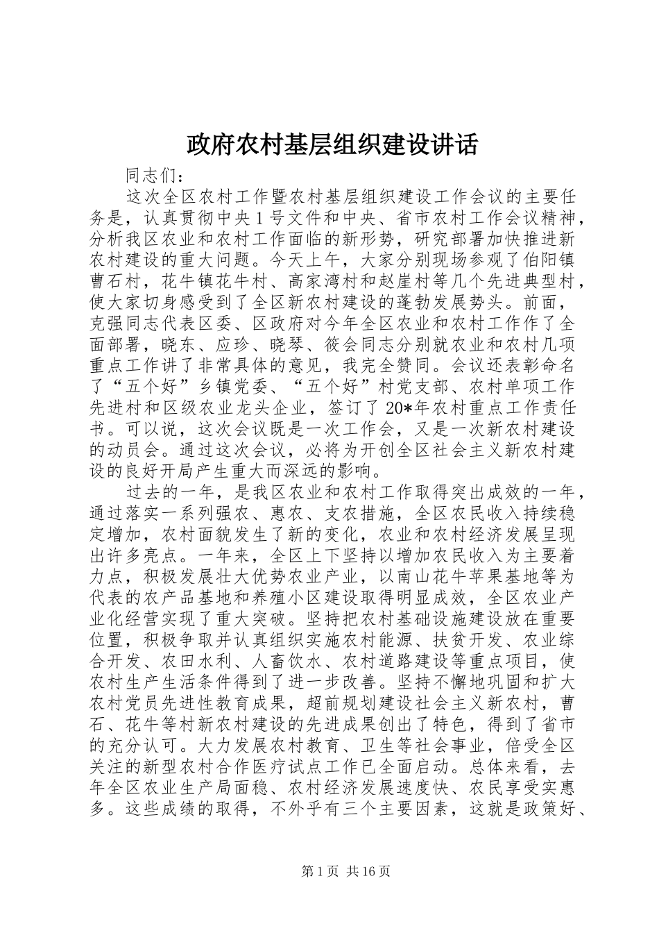 政府农村基层组织建设讲话发言_第1页