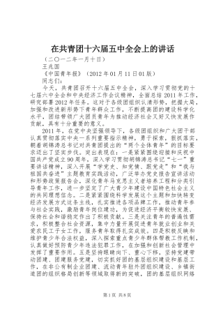 在共青团十六届五中全会上的讲话发言