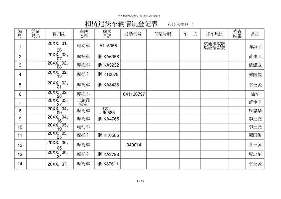 扣留违法车辆情况登记表联合停车场_第1页