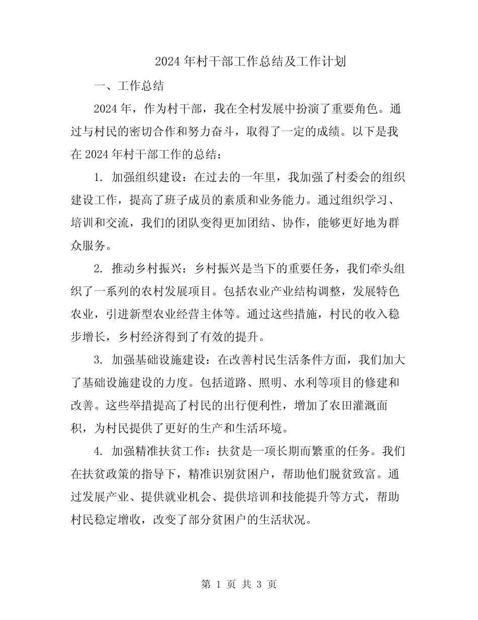 2024年村干部工作总结及工作计划_第1页