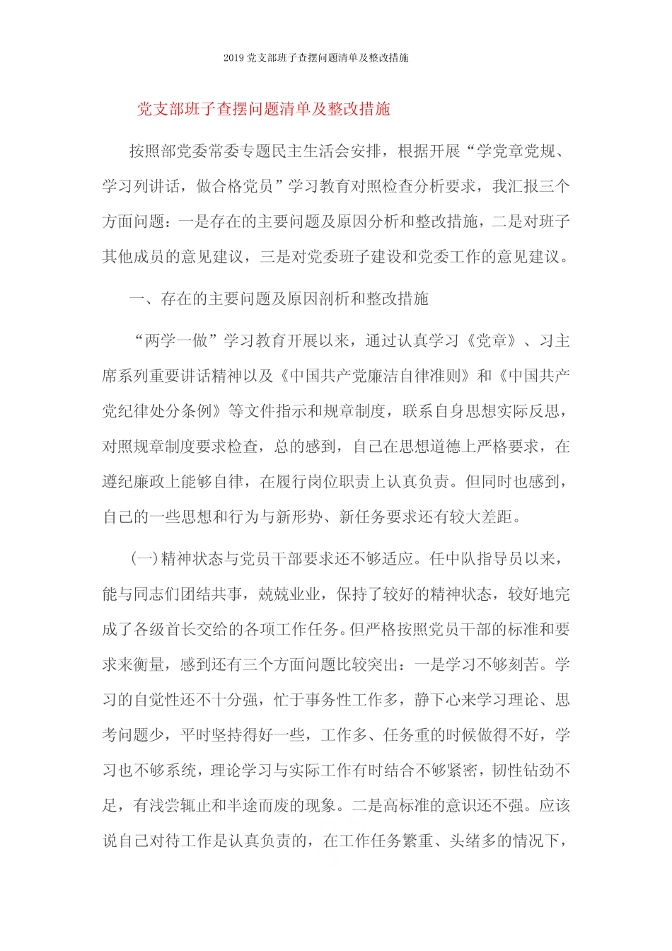 2019党支部班子查摆问题清单及整改措施_第1页