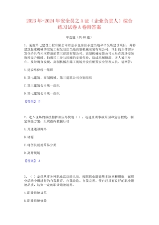 2023年-2024年安全员之A证(企业负责人)综合练习试卷A卷附答案 