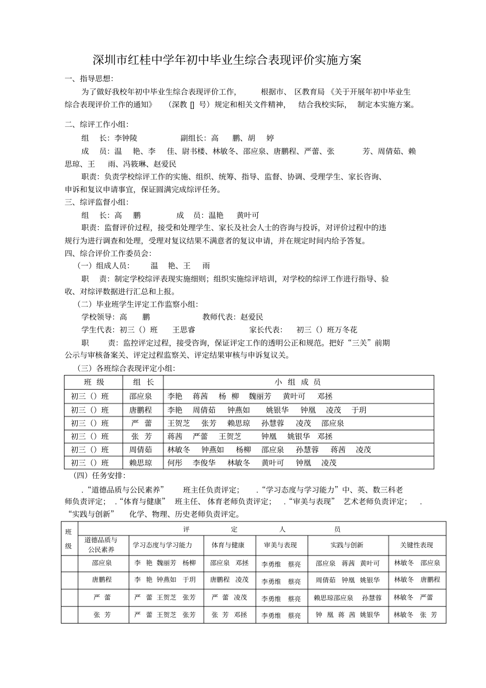 深圳红桂中学年初中毕业生综合表现评价实施方案_第1页