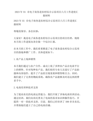 2023年XX市电子商务进农村综合示范项目六月工作进度汇报材料