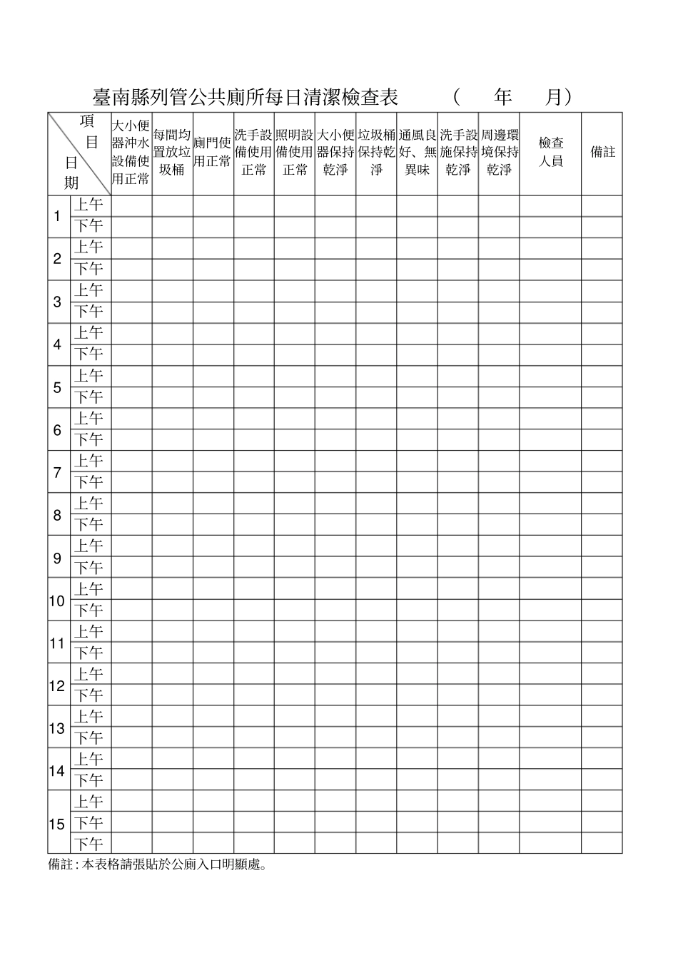 台南列管公共厕所每日清洁检查表_第1页