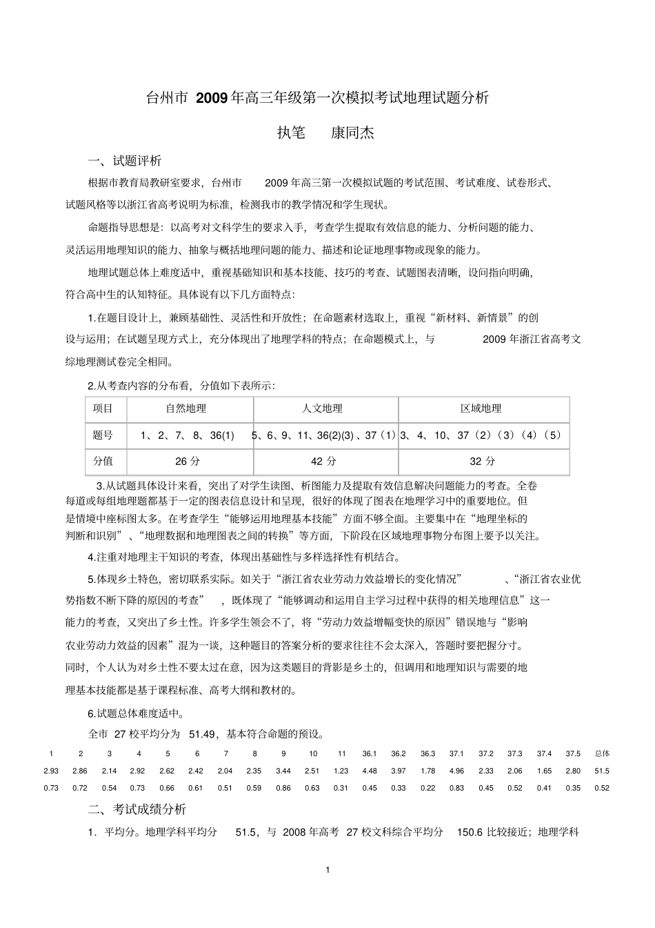 台州2009年高三年级第一次模拟考试地理试题分析_第1页