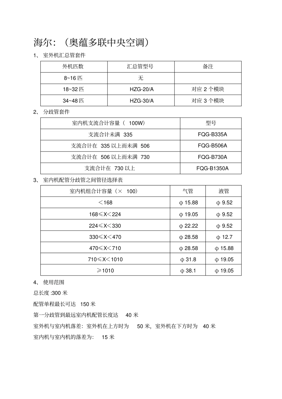 各厂家多联机分歧管及管径选择标准资料_第1页
