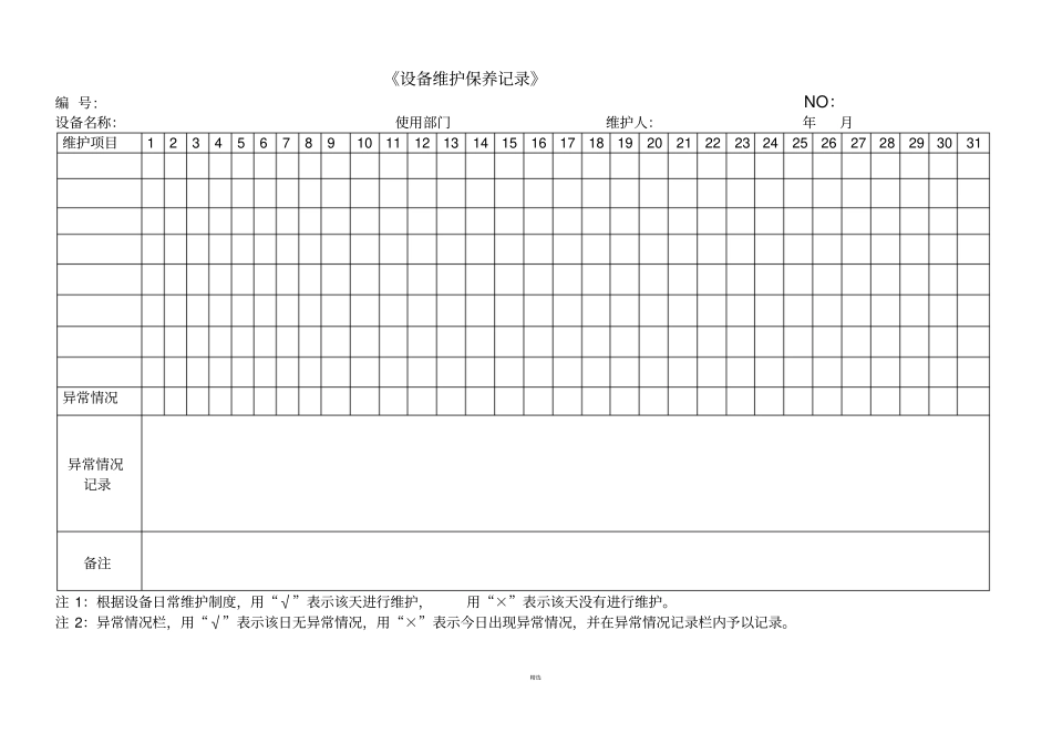 各种设备维护保养记录表格_第1页