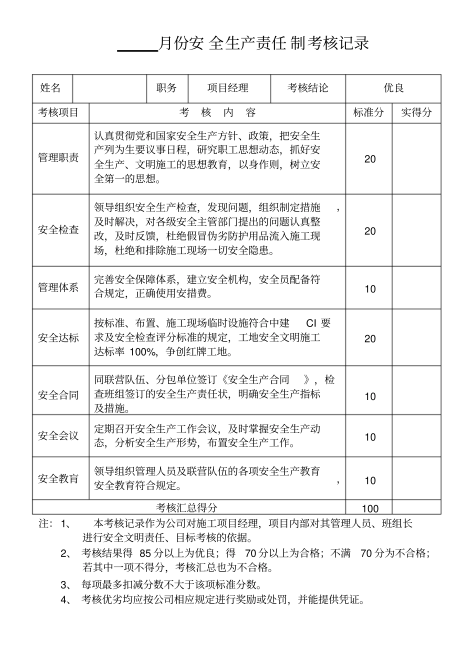 各级各部门及管理人员安全生产责任制执行情况与考核记录_第1页