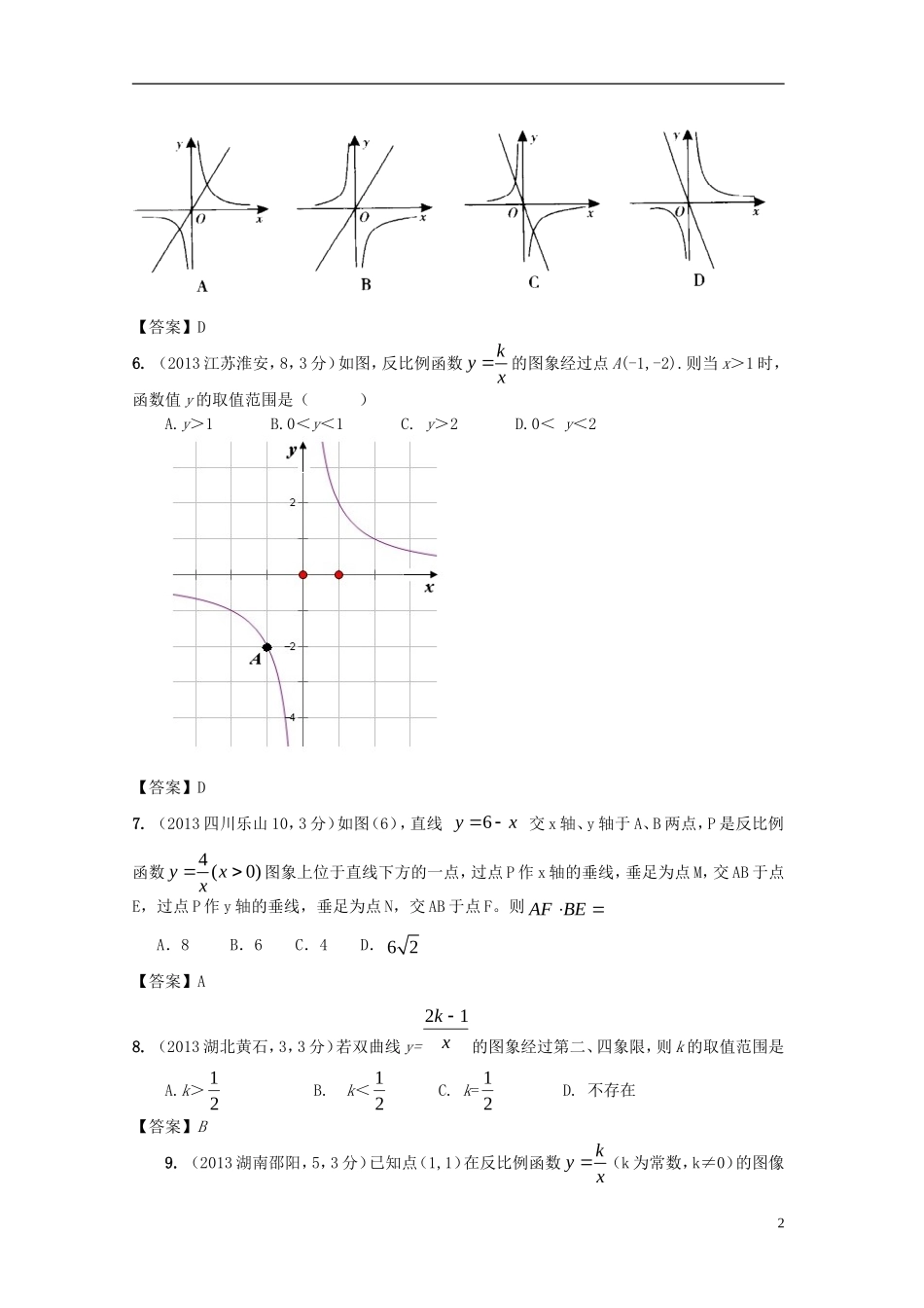 【2年中考1年模拟-备战2014】全国各地中考数学试题精品分类汇编-反比例函数_第2页