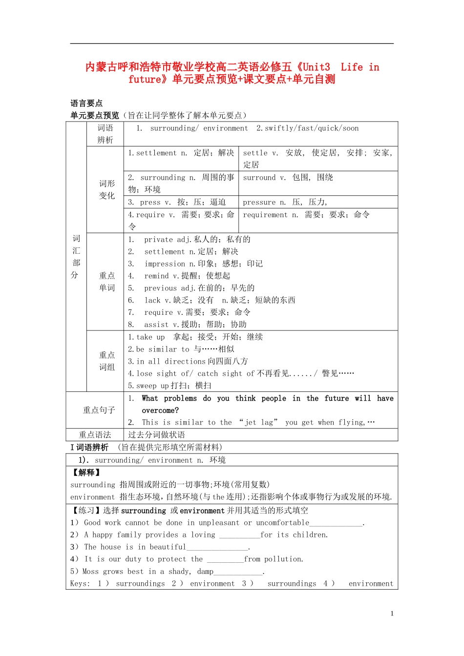 内蒙古呼和浩特市高中英语《Unit3-Life-in-future》单元要点预览+课文要点+单元自测-新人教版必修5_第1页