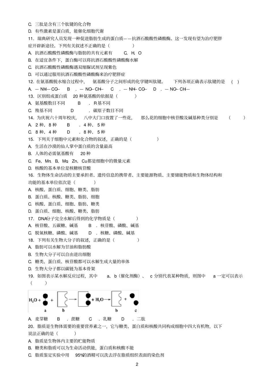 合肥八中2016的-2017的学年上学期高一期中考试生物试的题目_第2页