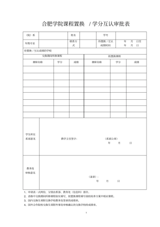 合肥学院课程置换学分互认审批表