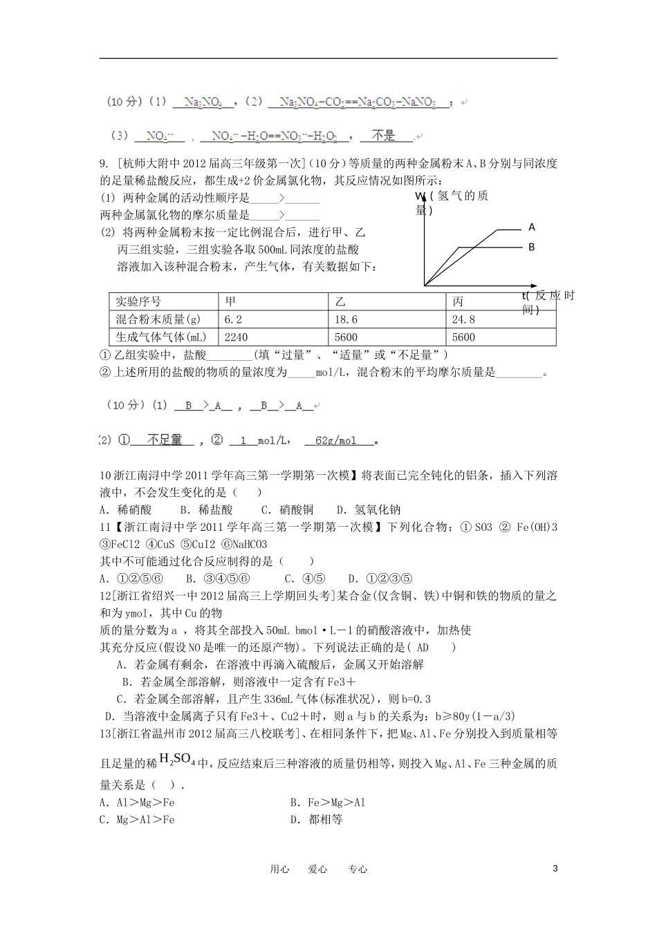 浙江+福建+上海2012届高三化学名校试题汇编-金属及化合物-2_第3页