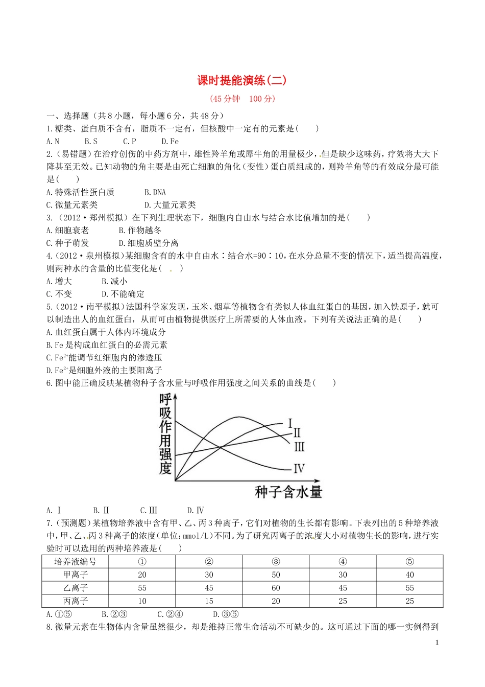 【全程复习方略】(福建专用)2013版高中生物-2.1、5细胞中的元素和化合物-细胞中的无机物课时提能演练-新_第1页