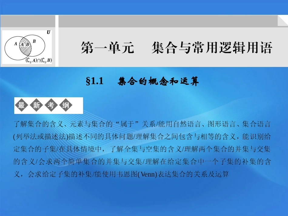 【创新设计】2012版高考数学总复习-第1单元-集合与常用逻辑用语-1.1-集合的概念和运算课件-(理)-新人教B_第1页