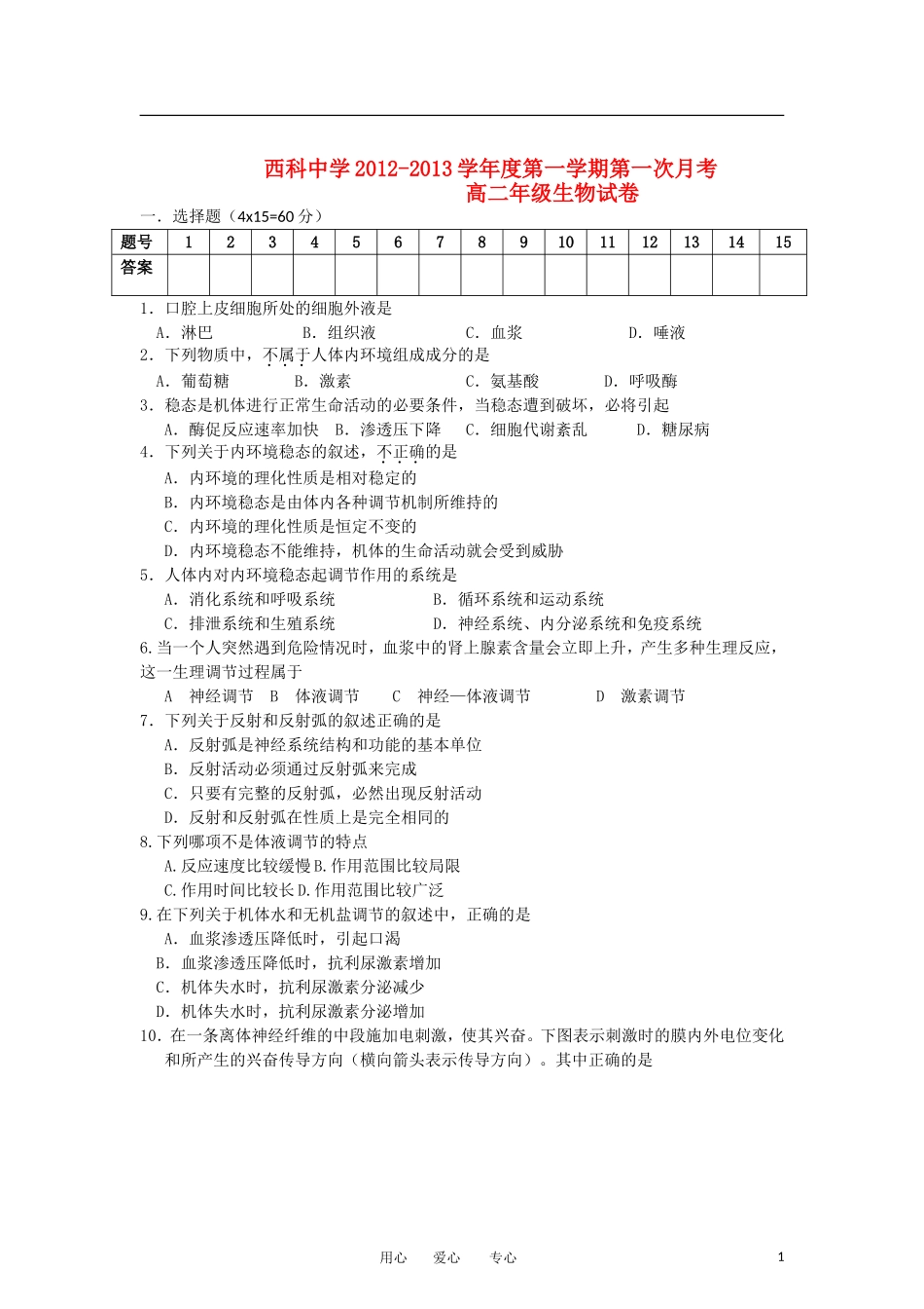 陕西省西安电子科技中学2012-2013学年高二生物上学期第一次月考试题(无答案)新人教版_第1页