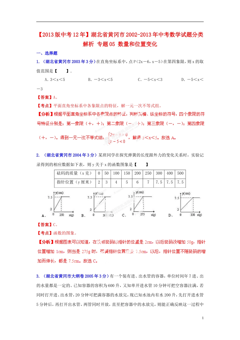 【2013版中考12年】湖北省黄冈市2002-2013年中考数学试题分类解析-专题05-数量和位置变化_第1页