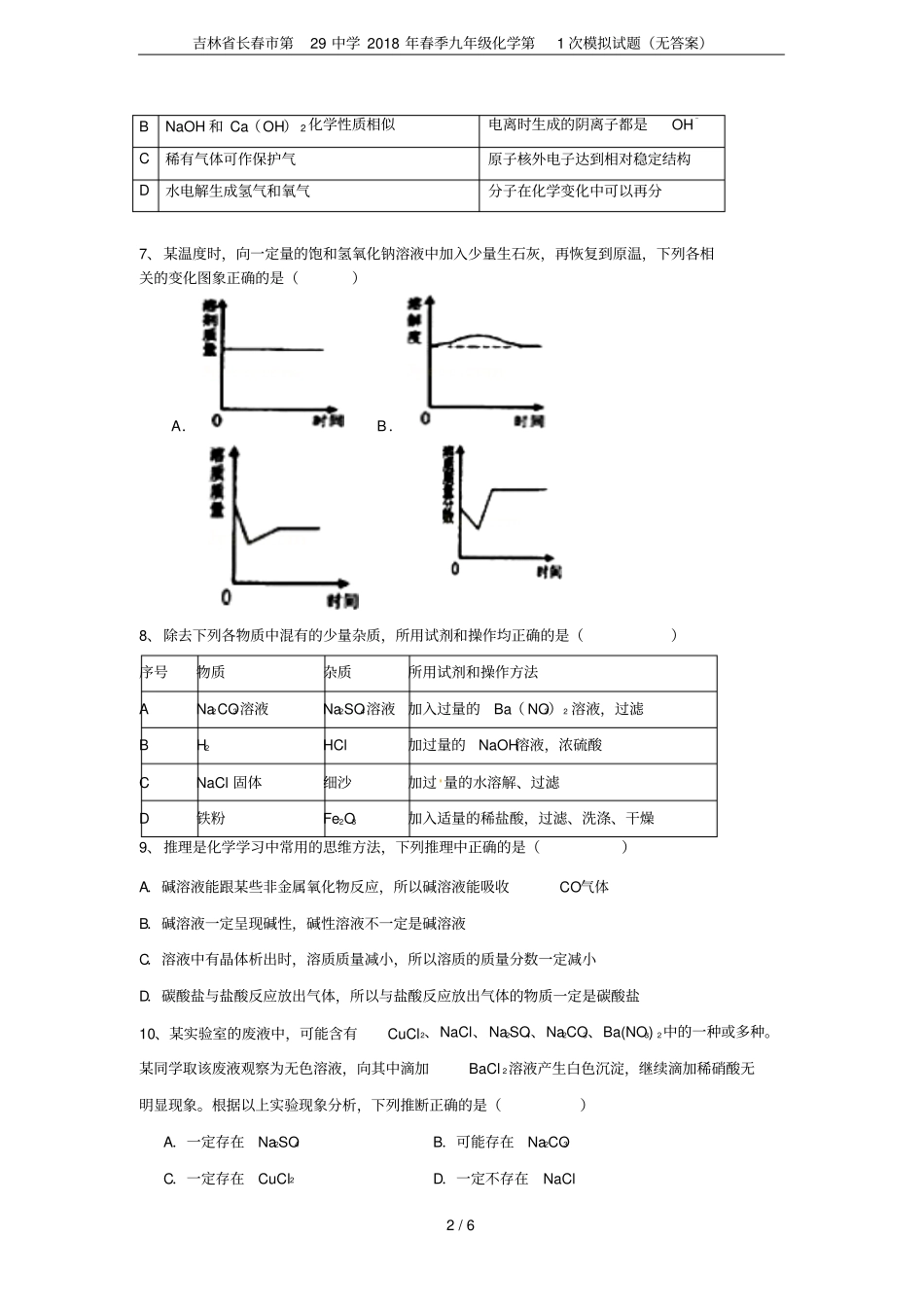 吉林长春第29中学2018年春季九年级化学第1次模拟试题无答案_第2页