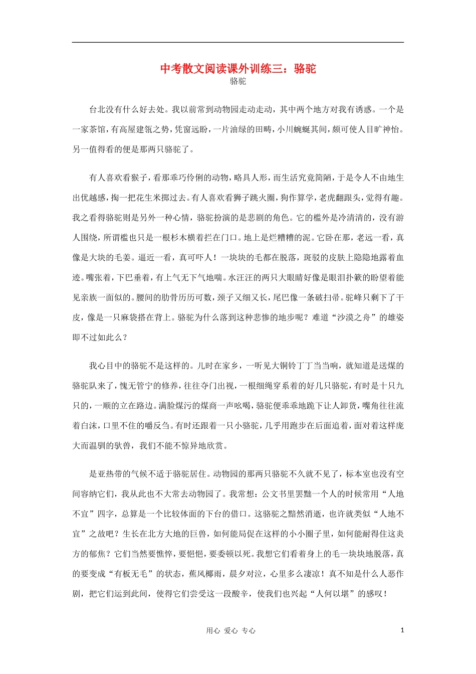 2012中考语文散文阅读课外训练2-骆驼_第1页