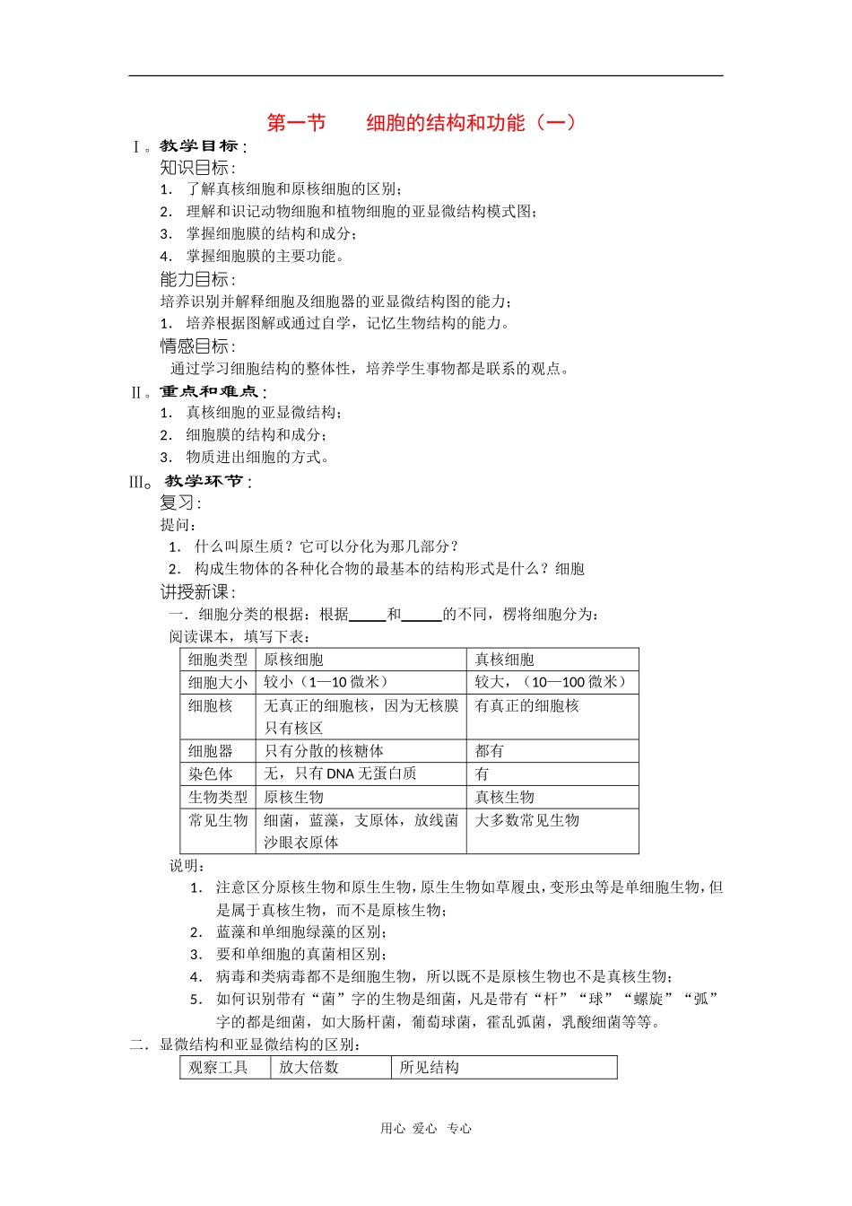 高中生物：《细胞的结构和功能(一)》教案(旧人教版高一)_第1页