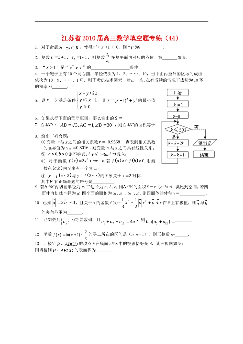 江苏省2010届高三数学填空题专练(44)新人教版_第1页