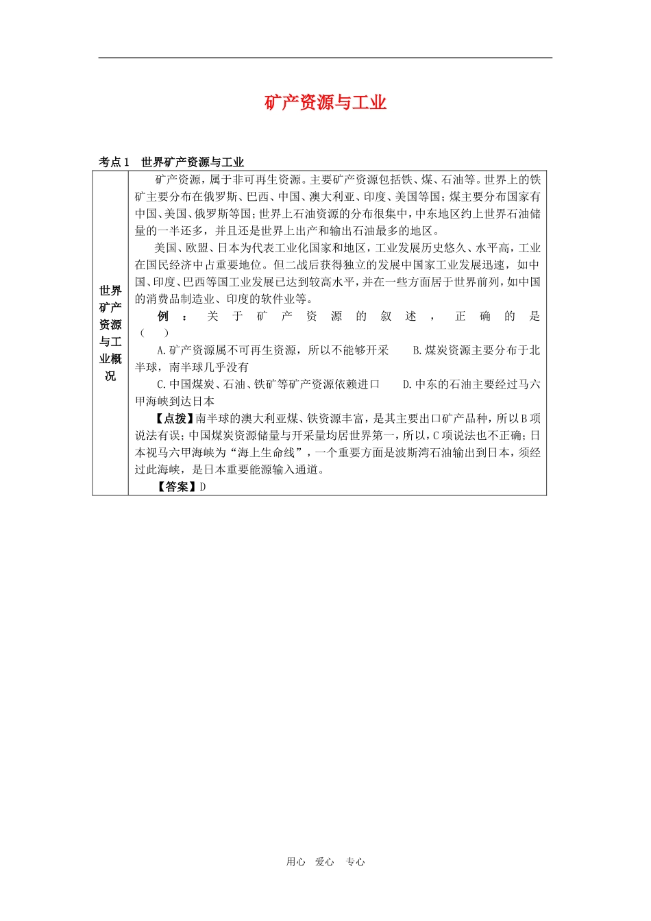 高三地理考点扫描+典型例题结合学案——矿产资源与工业旧人教版_第1页