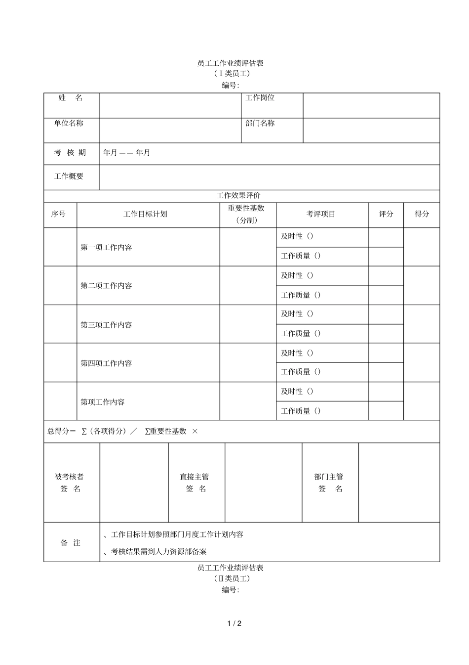 员工工作业绩评价表_第1页