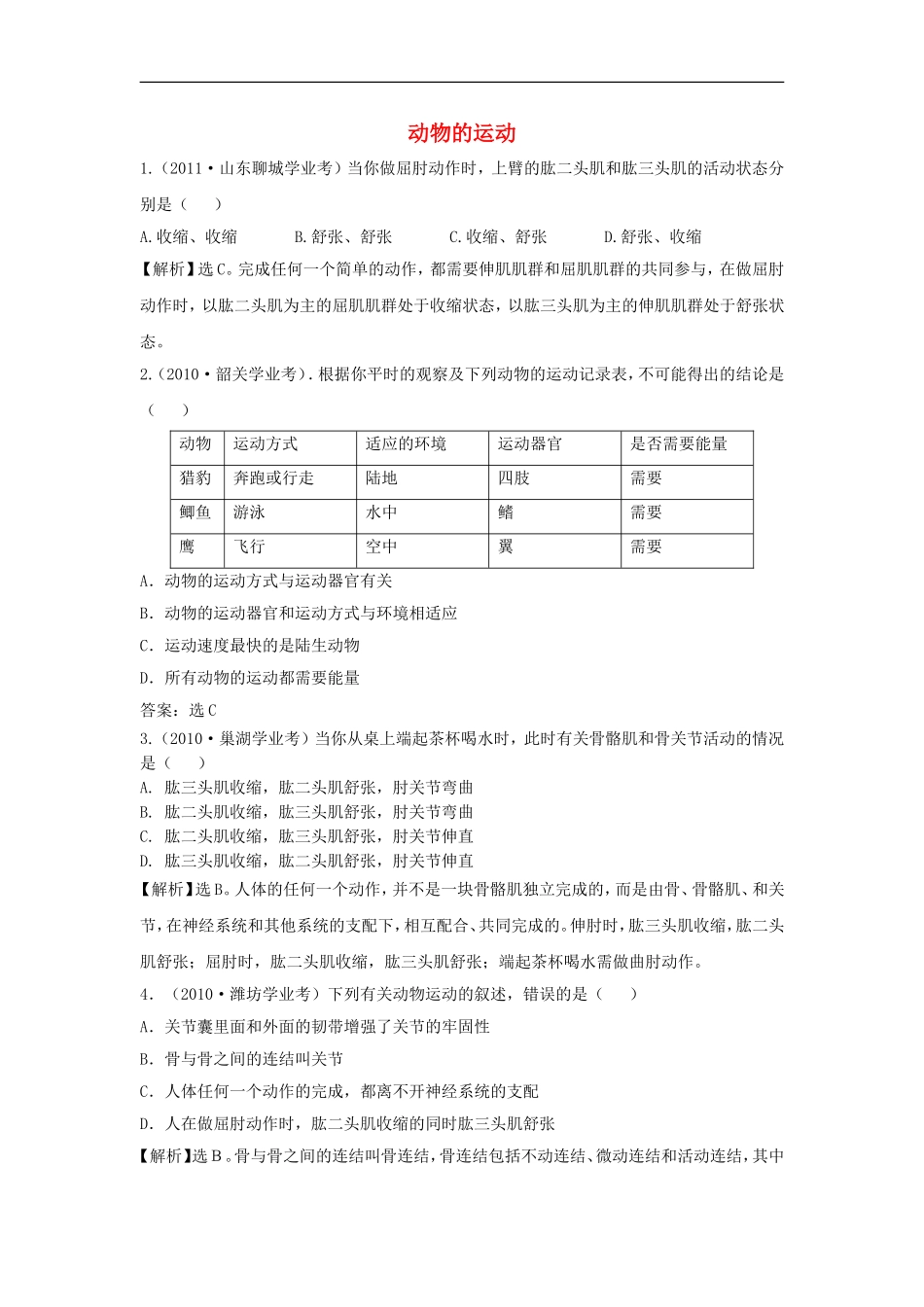 江苏省东海县青湖中学2012年中考生物一轮专题复习-八年级上册-动物的运动-苏科版_第1页