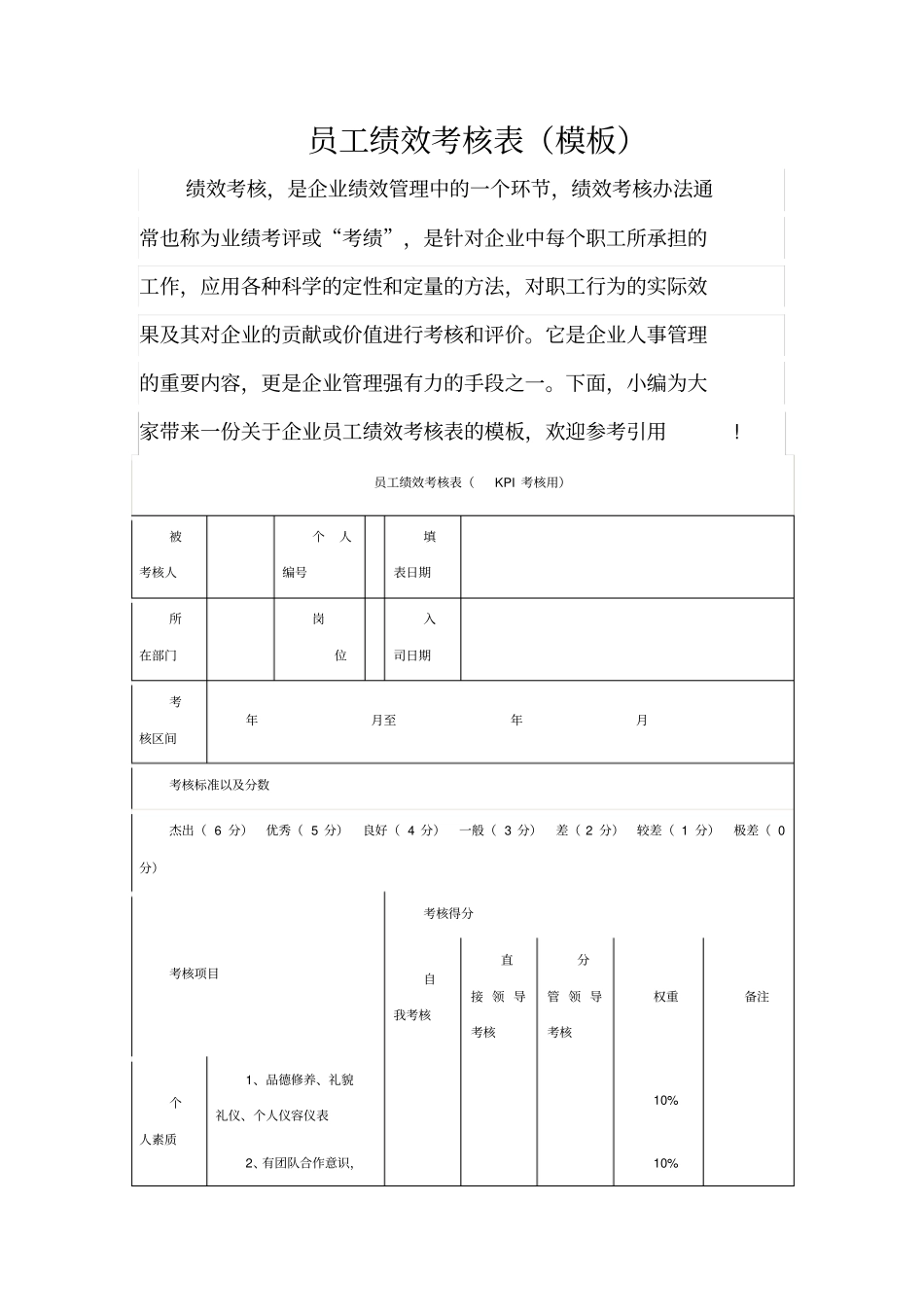 员工绩效考核表模板_第1页
