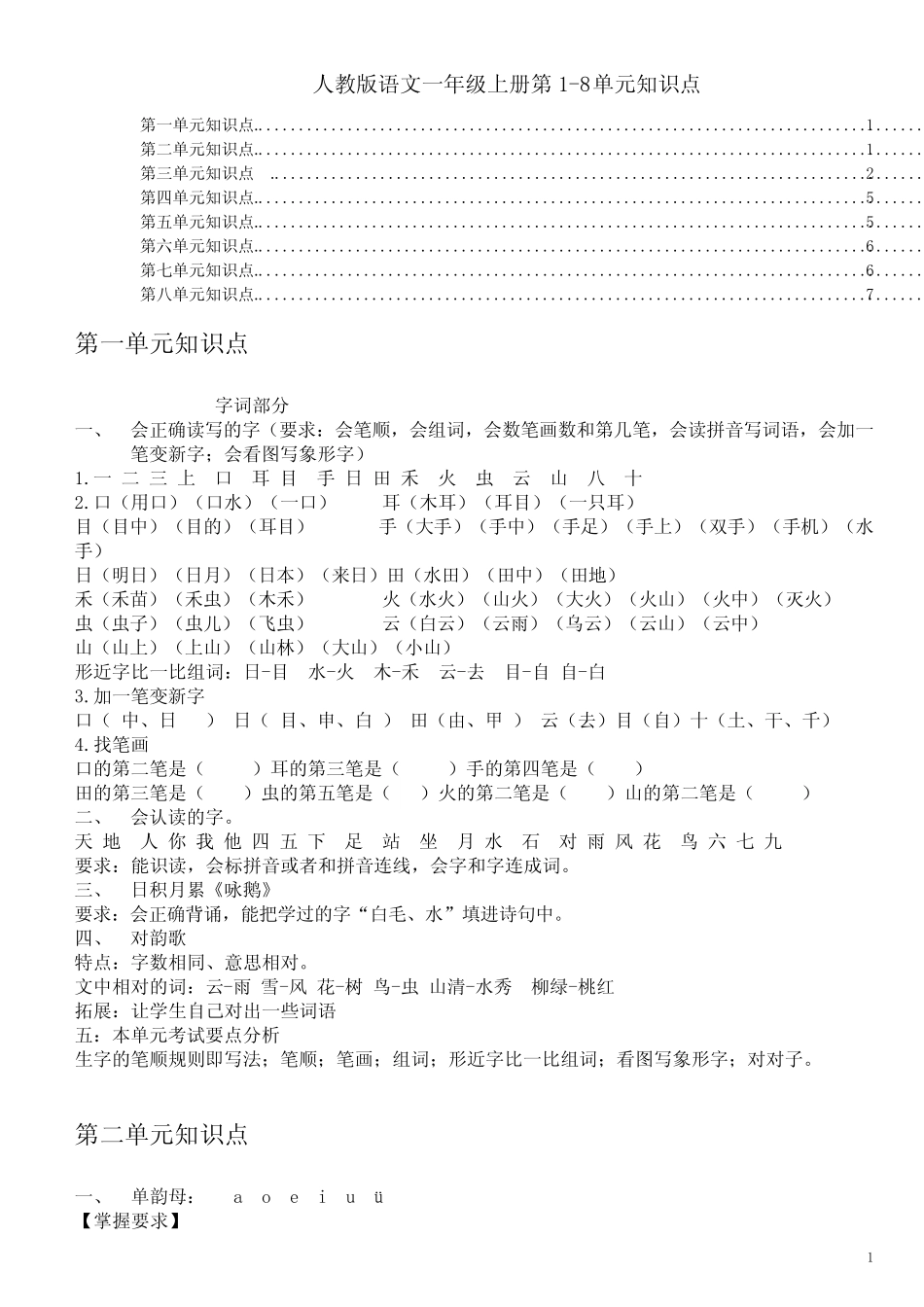 2016年新人教版部编本小学语文一年级上册第1-8单元知识要点整理(老羊_第1页