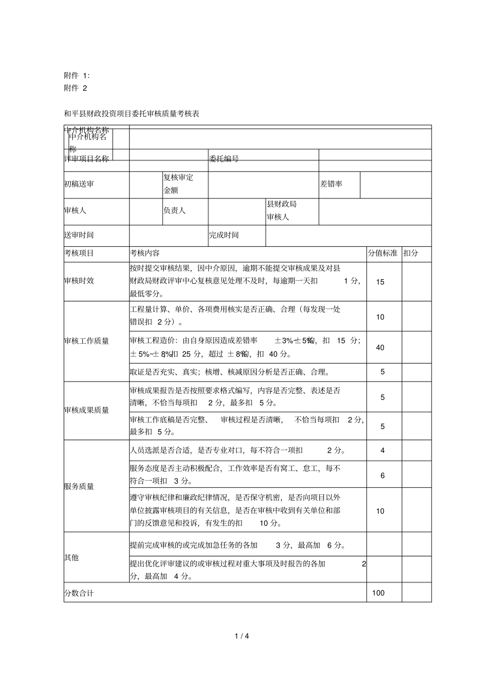 和平财政投资项目委托审核质量考核表_第1页