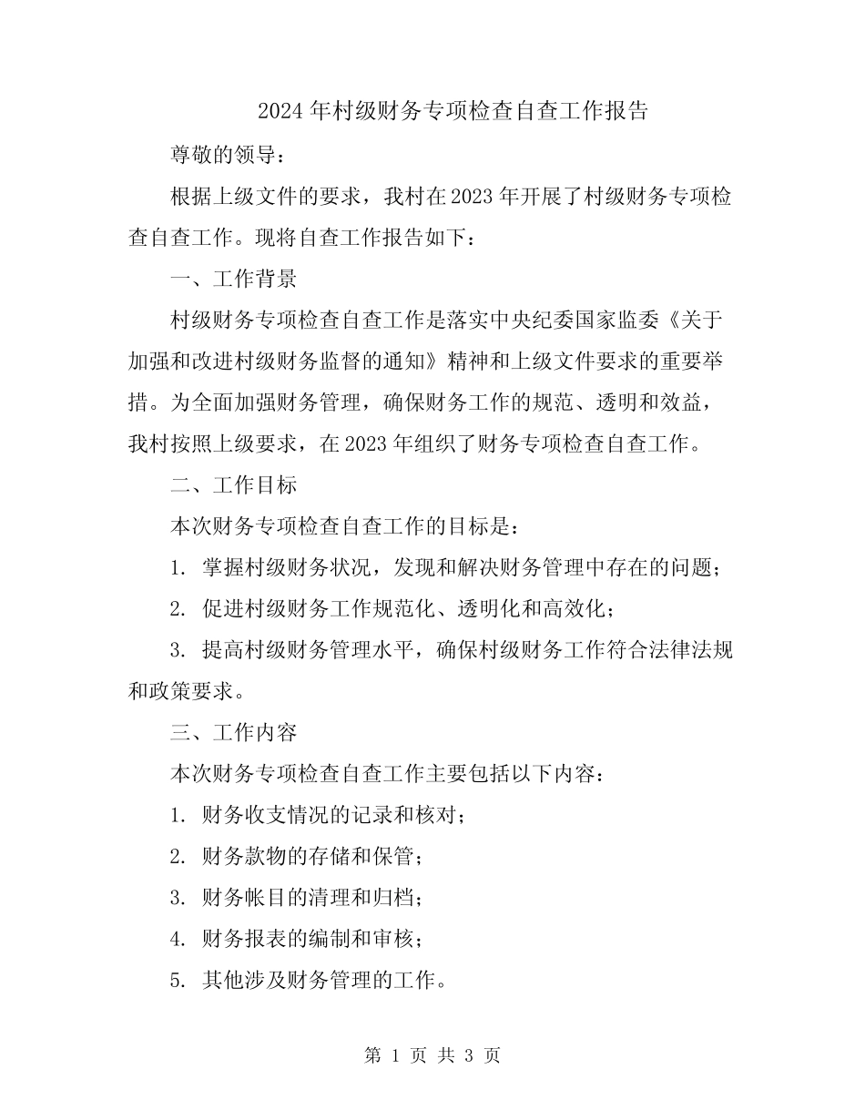 2024年村级财务专项检查自查工作报告_第1页