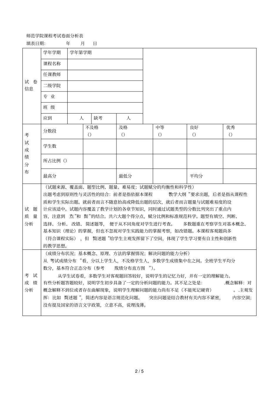 咸阳师范学院课程考试卷面分析表_第2页
