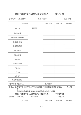 咸阳科协第二届星级学会评审表组织管理