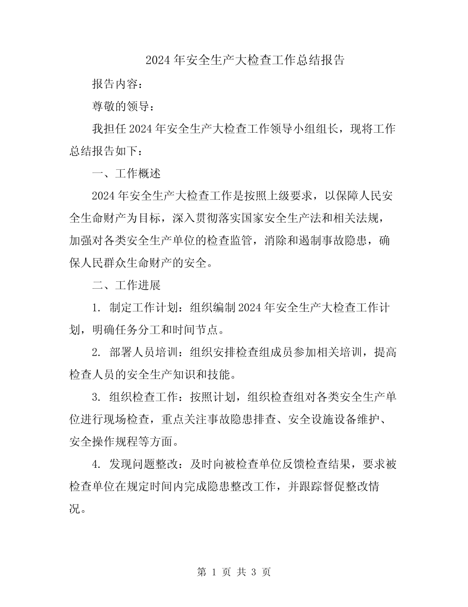 2024年安全生产大检查工作总结报告_第1页