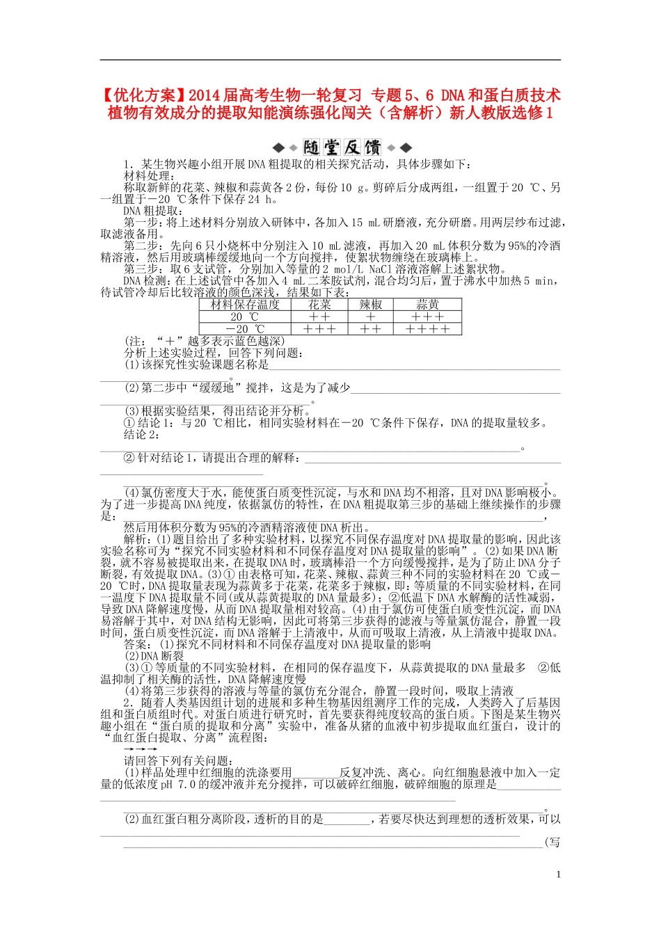 【优化方案】2014届高考生物一轮复习-专题5、6-DNA和蛋白质技术-植物有效成分的提取知能演练强化闯关(含解_第1页