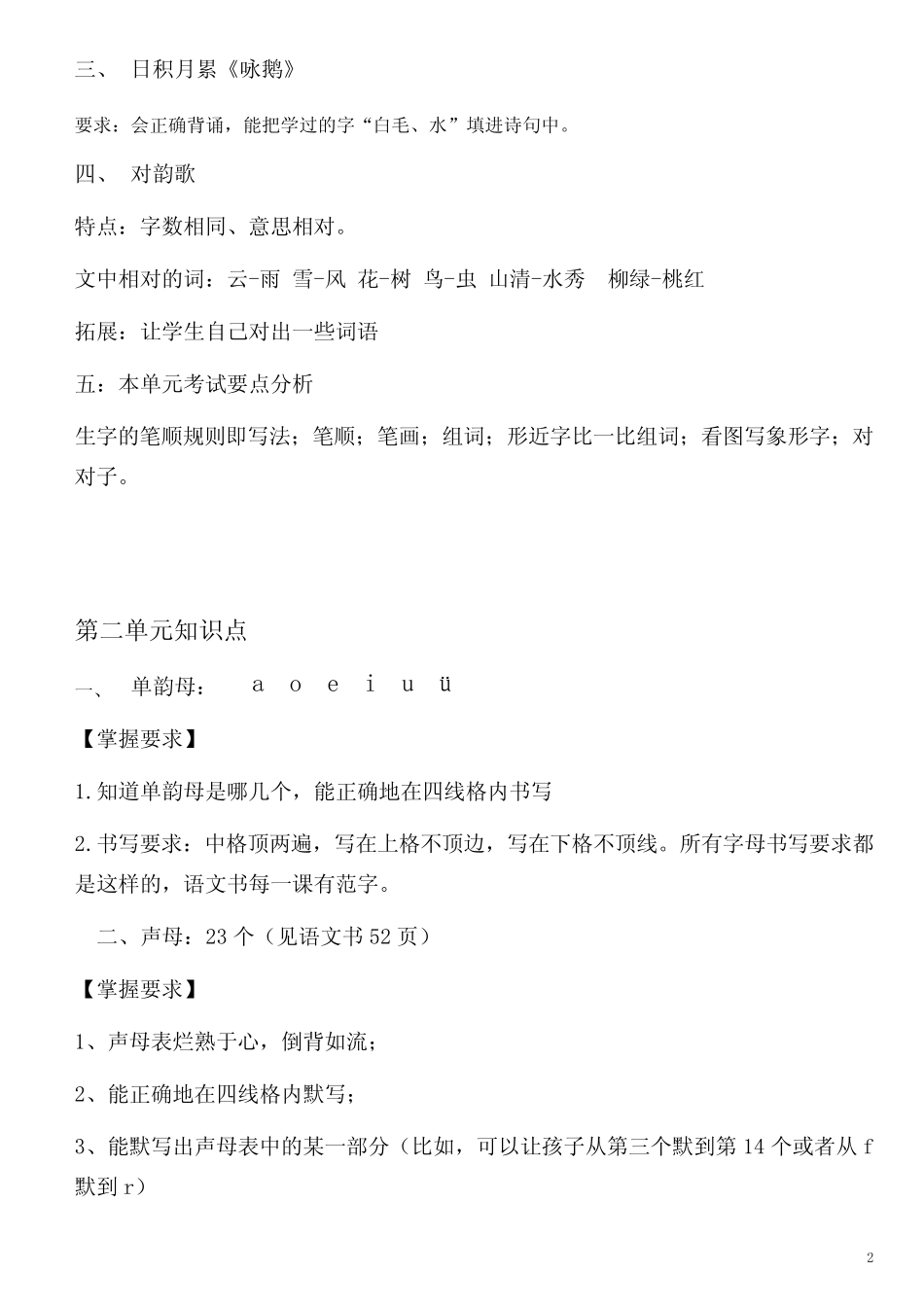 2018年新人教版部编版语文一年级上册1-8单元知识点详细解析(王一一)_第2页