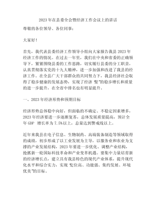 2023年在县委全会暨经济工作会议上的讲话