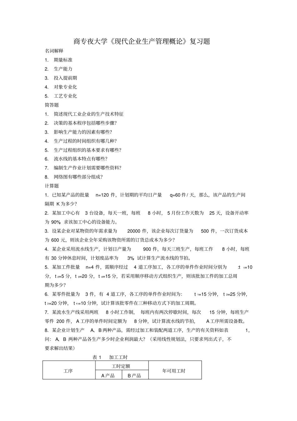 商专夜大学现代企业生产管理概论复习题_第1页