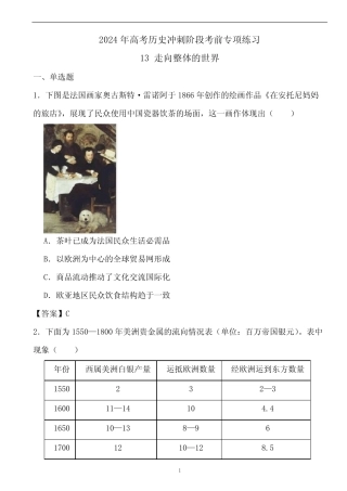 2024年高考历史冲刺阶段考前专项练习13 走向整体的世界(答案)