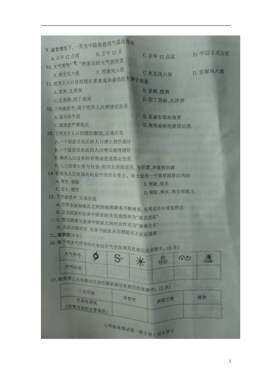 山西省太原市2012-2013学年七年级地理第二次测评(期末)考试试题(扫描版)-新人教版_第2页