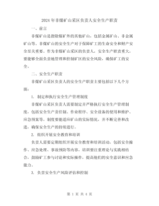 2024年非煤矿山采区负责人安全生产职责 
