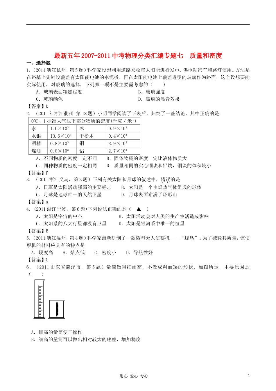 【精华版】最新五年2007-2011年全国各地中考物理分类解析汇编专题七-质量和密度_第1页