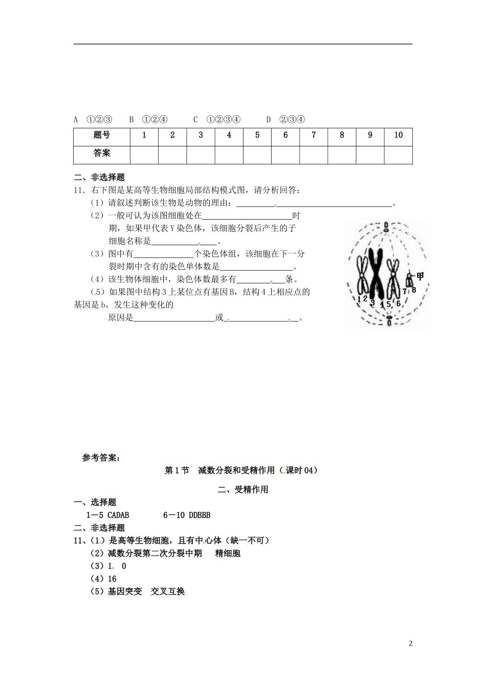 山西省原平市高中生物-遗传与进化《第1节受精作用》检测题-新人教版必修2_第2页