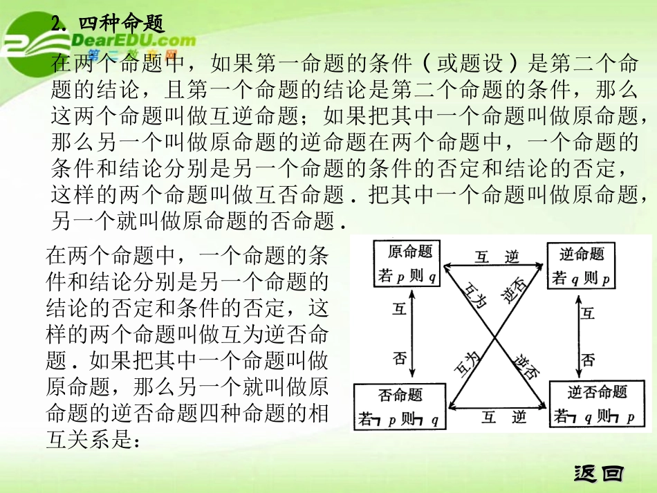 2011届高考数学-考点专项-逻辑连结词和四种命题复习课件_第3页
